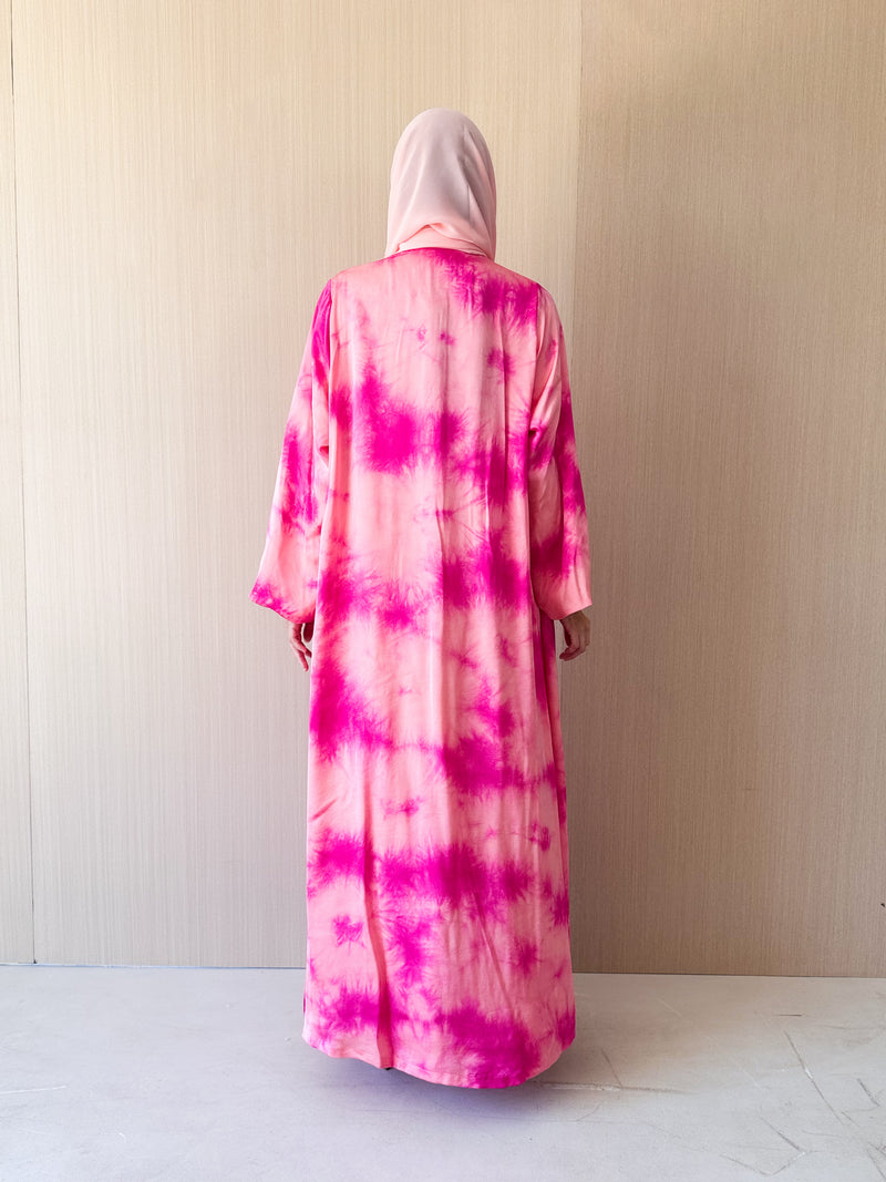 Zainah Cut Abaya - Pink With Peach Mixed Colour Print