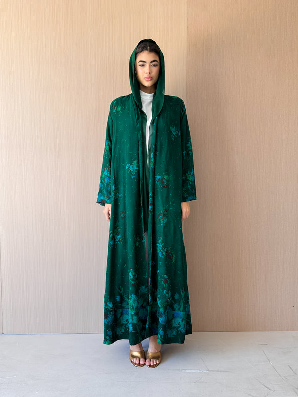 Zainah Cut Abaya - Green With Light Blue Mixed Printed