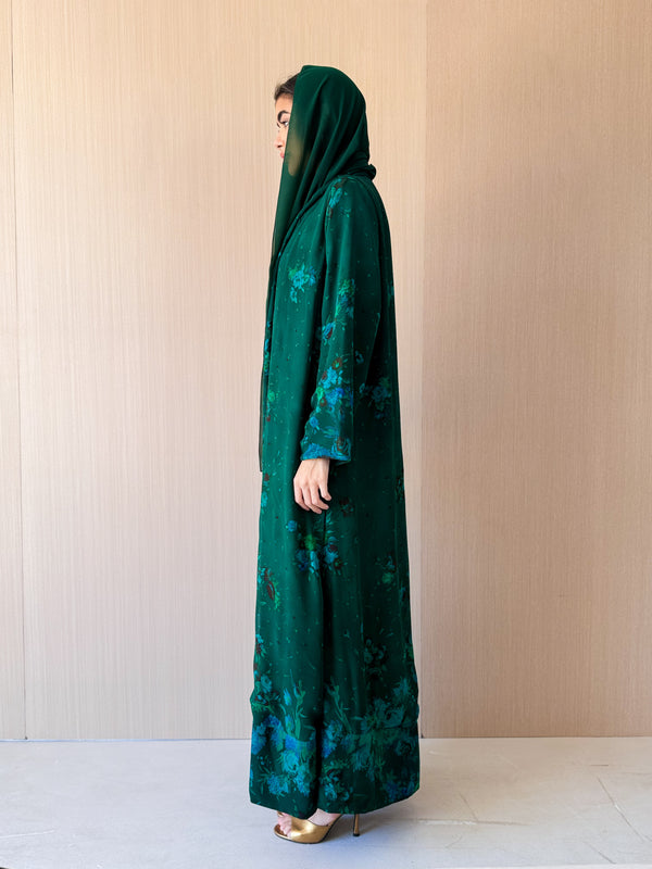 Zainah Cut Abaya - Green With Light Blue Mixed Printed