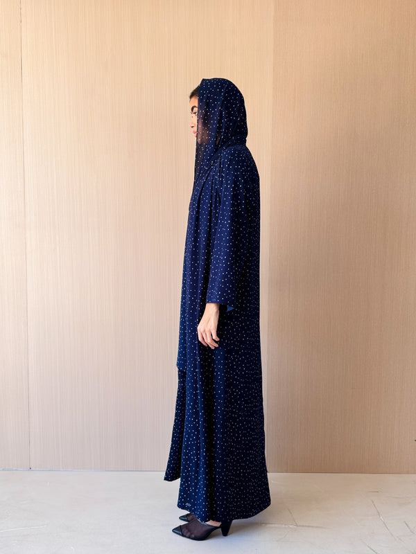 Zainah Cut Abaya - Navy With White Dotted - Chiffon