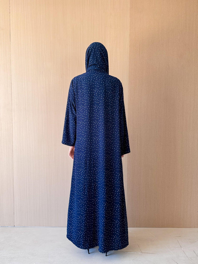 Zainah Cut Abaya - Navy With White Dotted - Chiffon