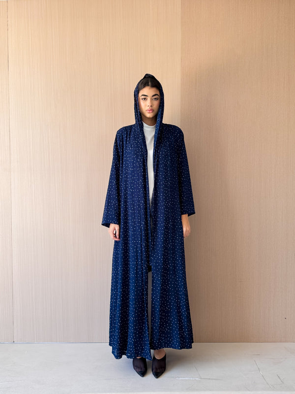 Zainah Cut Abaya - Navy With White Dotted - Chiffon