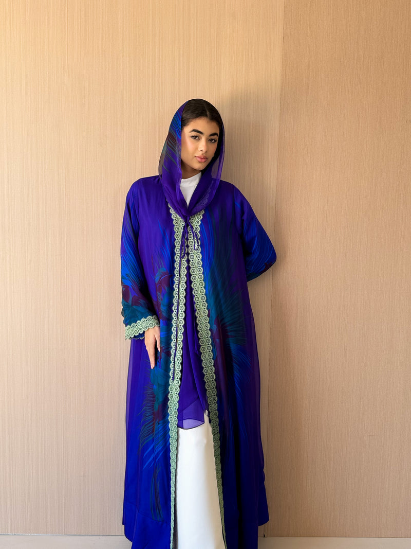 V Neck Abaya With Tie Rope on Front - Green Lace