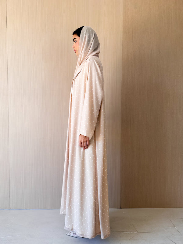 Zainah Cut Abaya - Light Beige With Off White Dotted