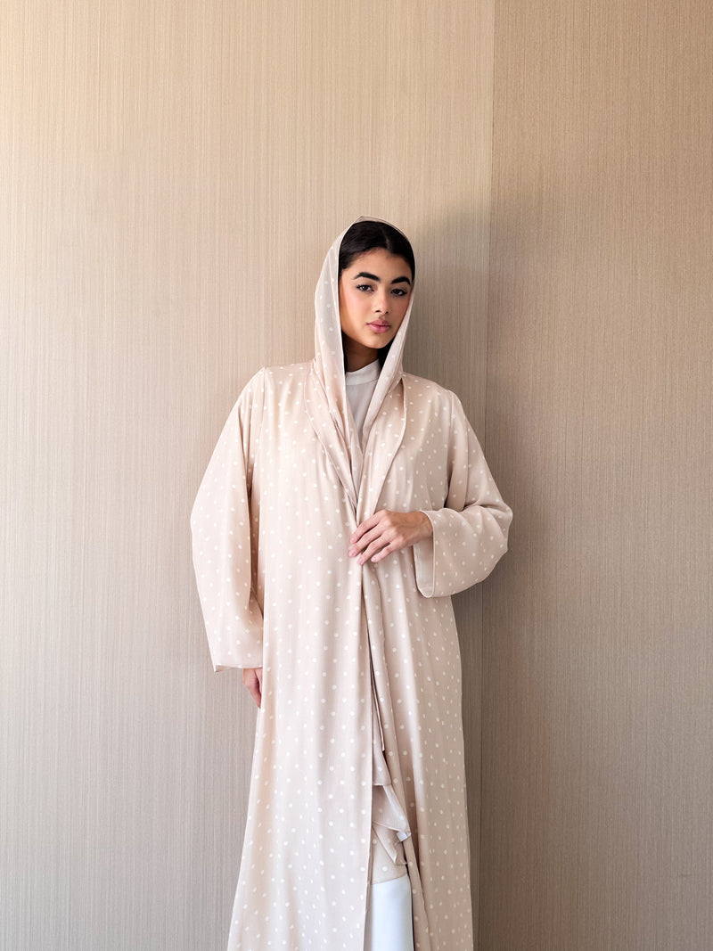 Zainah Cut Abaya - Light Beige With Off White Dotted