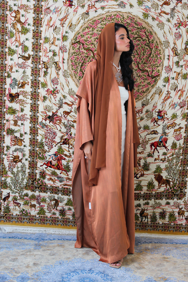 Bisht cut Abaya in copper brown Silk