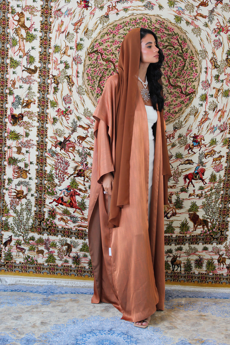 Bisht cut Abaya in copper brown Silk