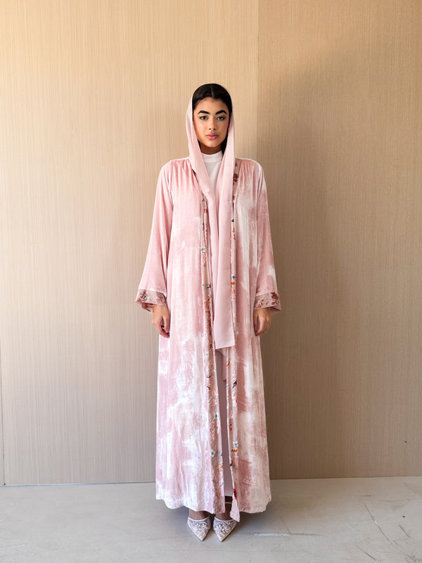 V neck Abaya - Velvet Embossed Border on Front and Sleeves