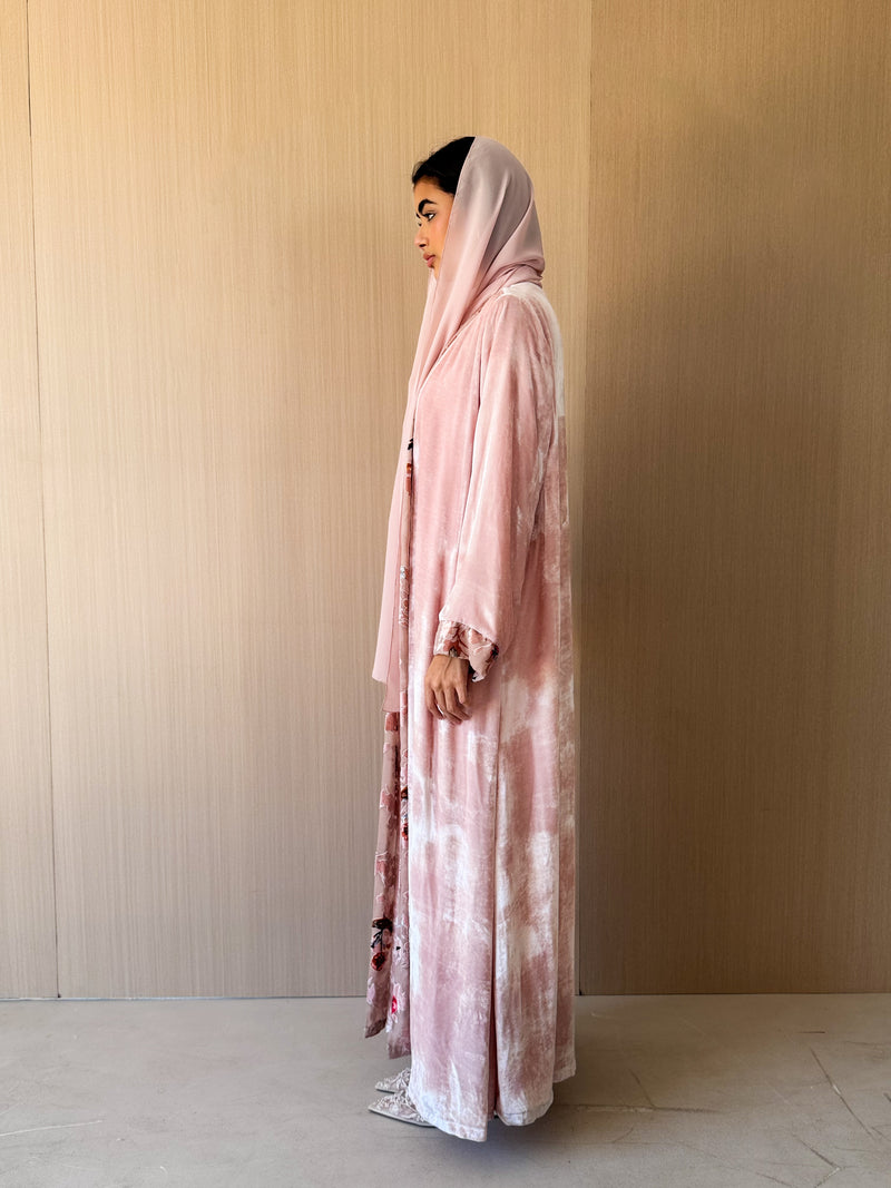 V neck Abaya - Velvet Embossed Border on Front and Sleeves