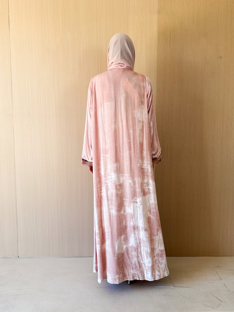 V neck Abaya - Velvet Embossed Border on Front and Sleeves