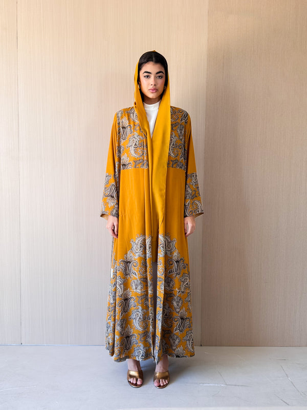 Zainah Cut Abaya - Golden Yellow Print - Chiffon