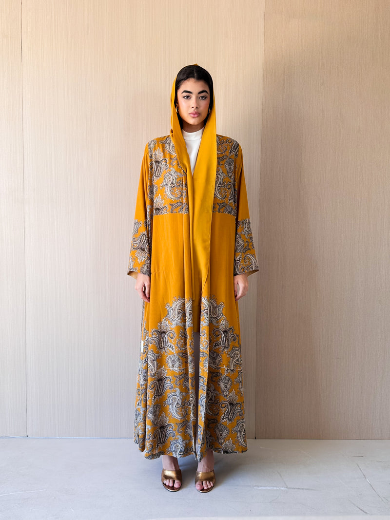 Zainah Cut Abaya - Golden Yellow Print - Chiffon