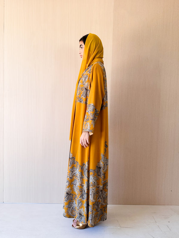 Zainah Cut Abaya - Golden Yellow Print - Chiffon