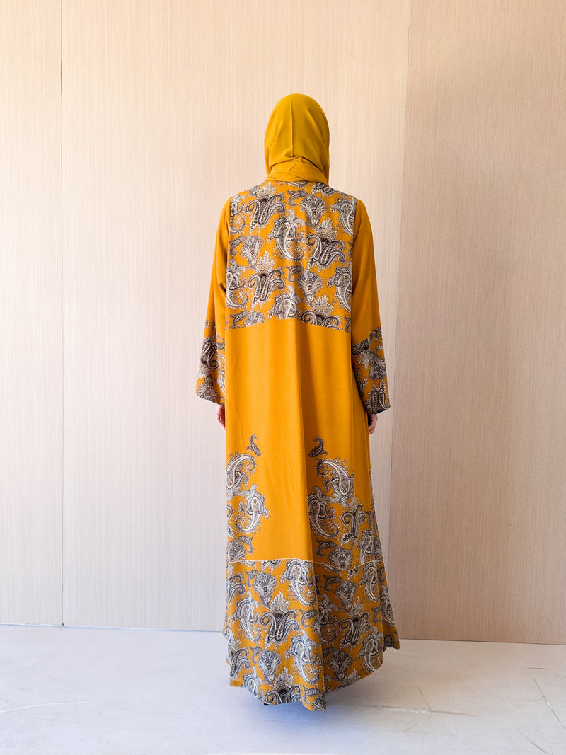 Zainah Cut Abaya - Golden Yellow Print - Chiffon