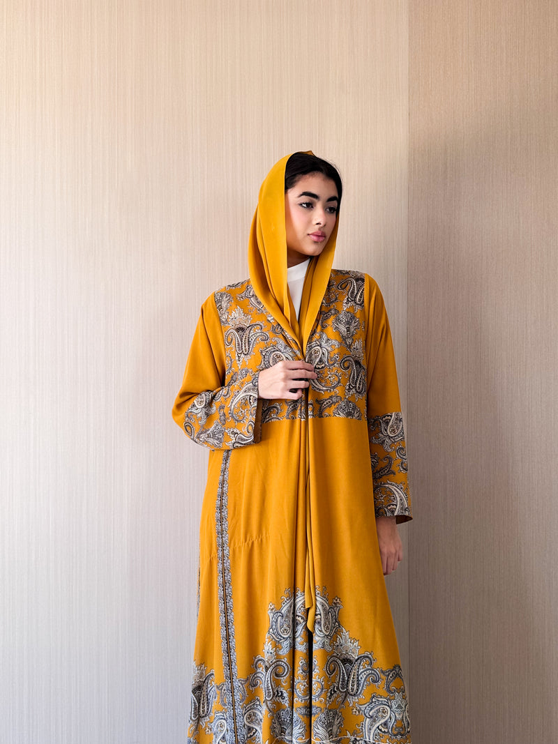 Zainah Cut Abaya - Golden Yellow Print - Chiffon