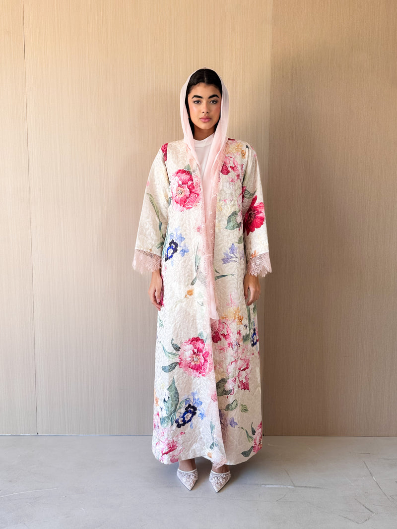 V Neck Abaya - Lace on Front and Sleeve