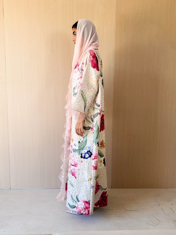 V Neck Abaya - Lace on Front and Sleeve