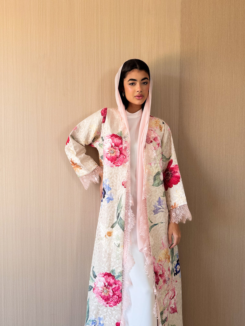 V Neck Abaya - Lace on Front and Sleeve