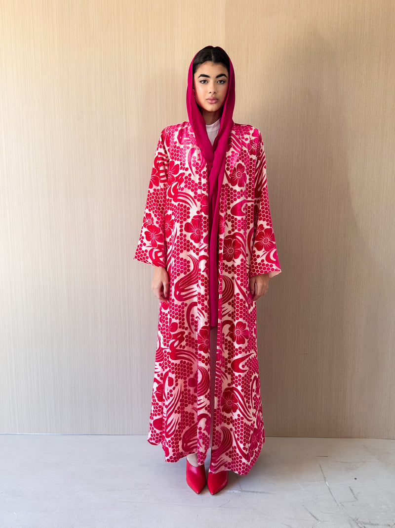 Zainah Cut Abaya in Pink Velvet Embossed With Sheila