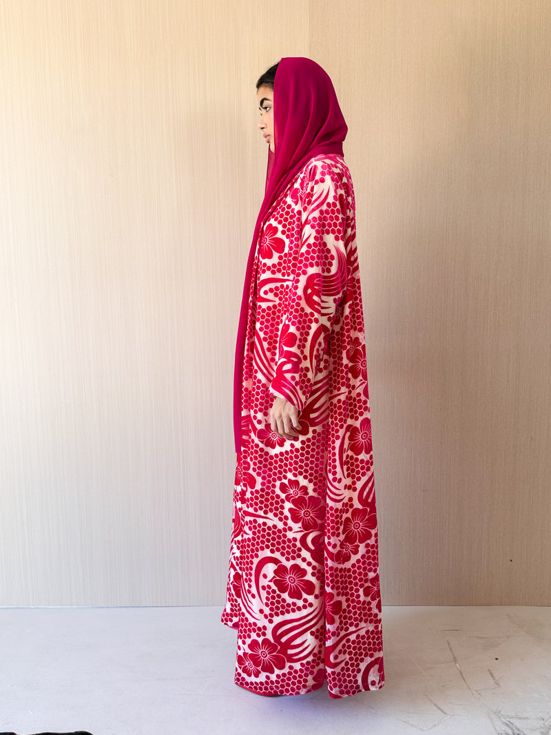 Zainah Cut Abaya in Pink Velvet Embossed With Sheila