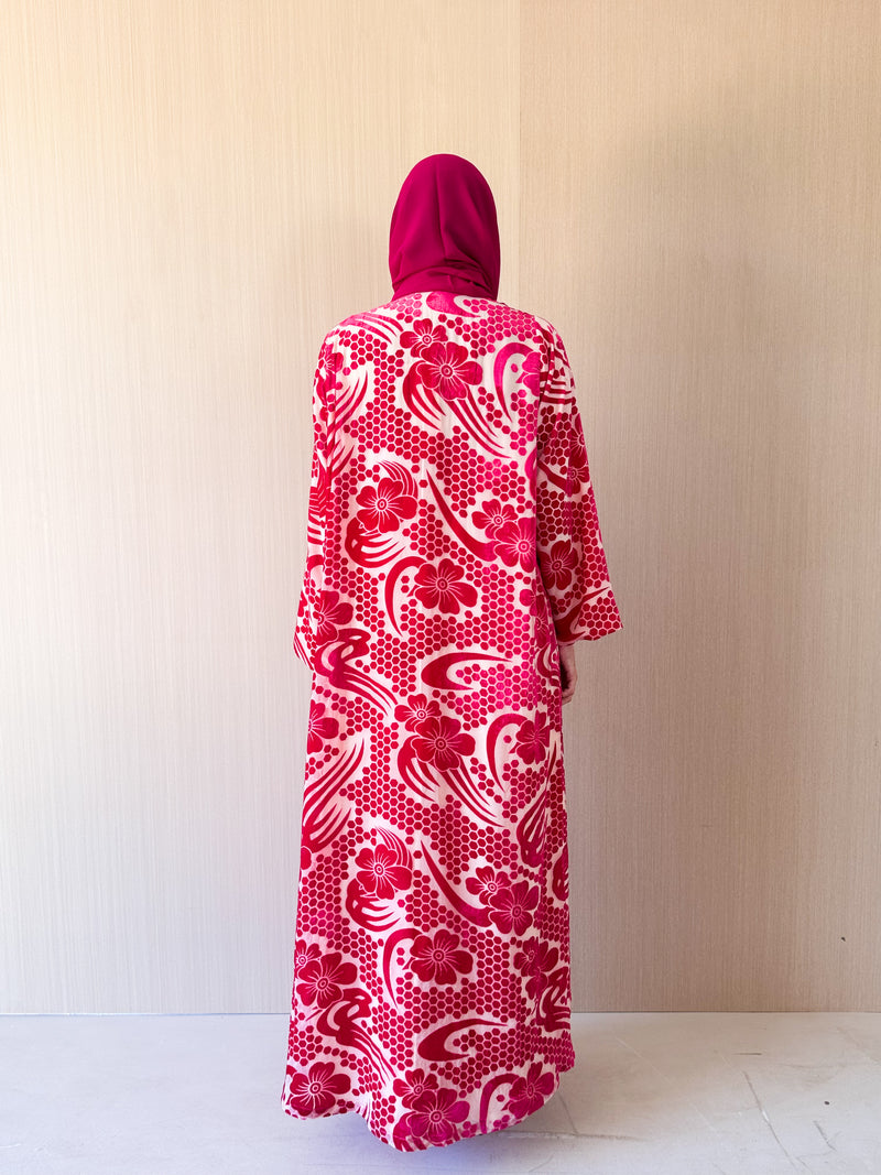 Zainah Cut Abaya in Pink Velvet Embossed With Sheila
