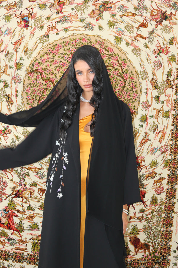 Notched Collar Abaya in Floral embroidery work