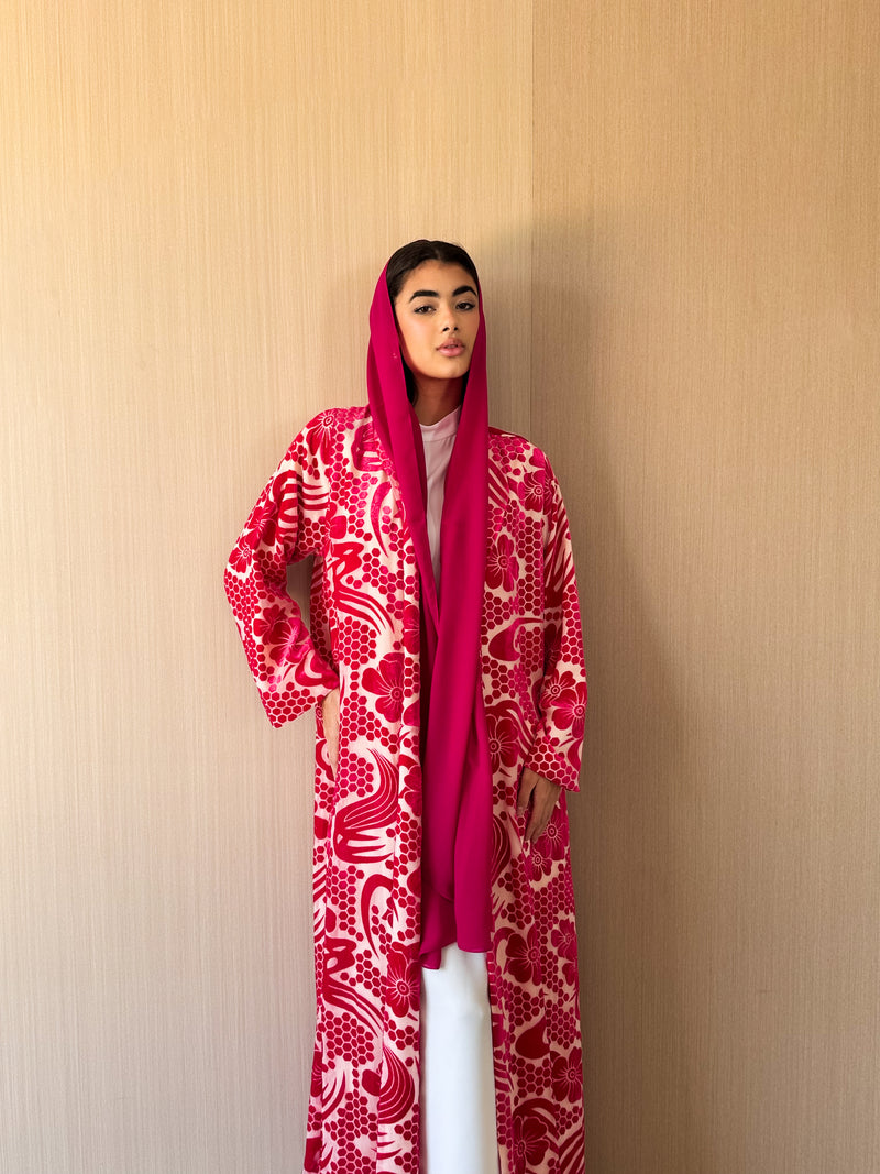 Zainah Cut Abaya in Pink Velvet Embossed With Sheila
