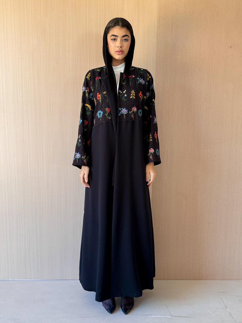Round Neck Black Abaya - Mixed Colour Emb. Square Texture