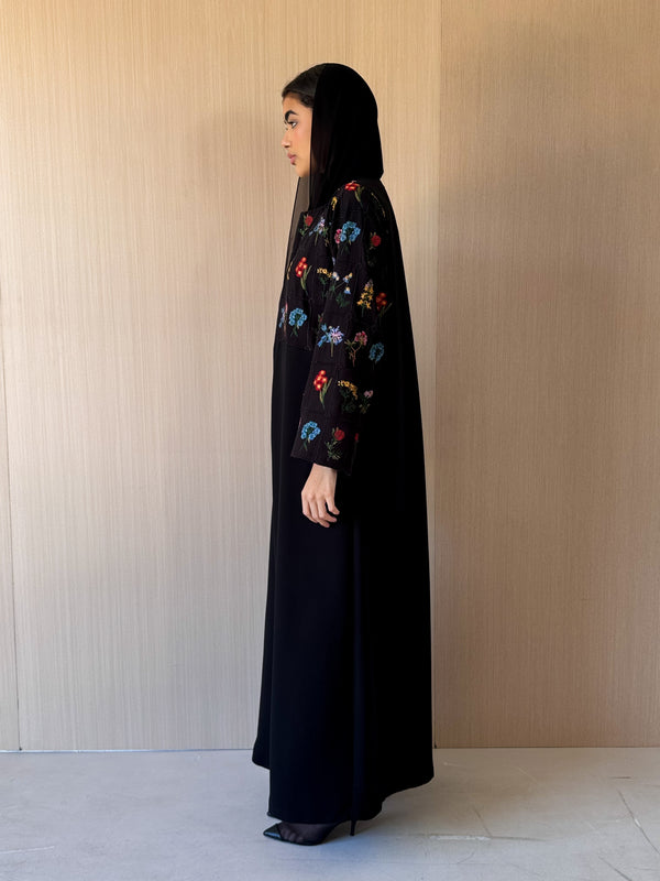 Round Neck Black Abaya - Mixed Colour Emb. Square Texture