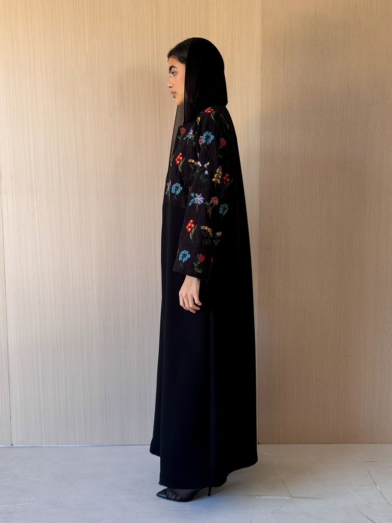 Round Neck Black Abaya - Mixed Colour Emb. Square Texture