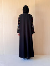 Round Neck Black Abaya - Mixed Colour Emb. Square Texture