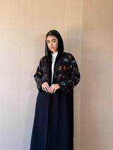 Round Neck Black Abaya - Mixed Colour Emb. Square Texture