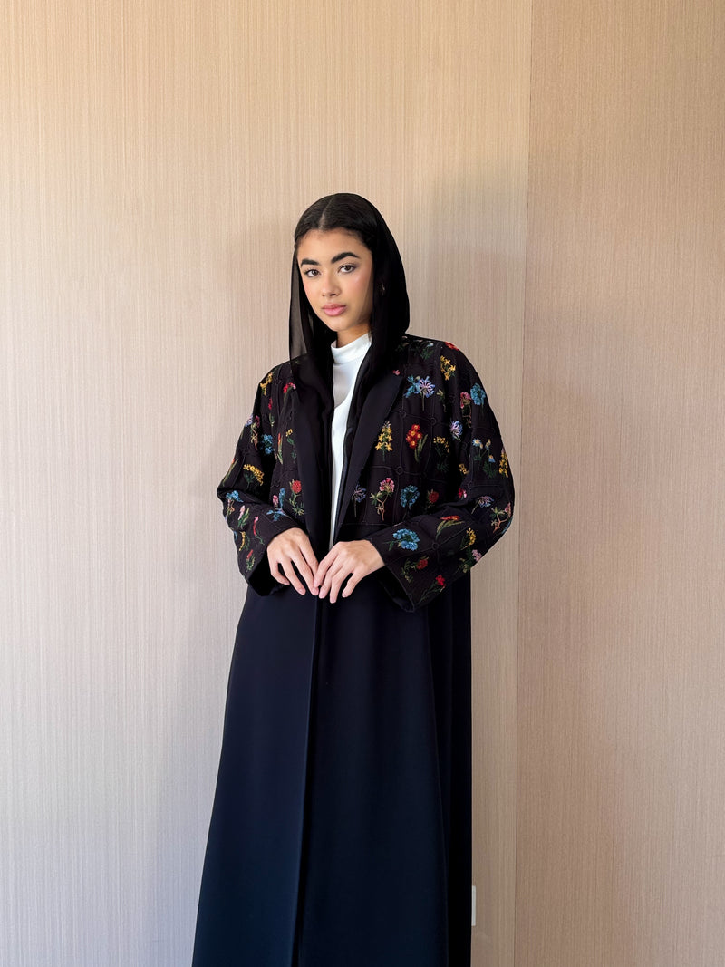Round Neck Black Abaya - Mixed Colour Emb. Square Texture