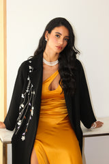 Notched Collar Abaya in Floral embroidery work