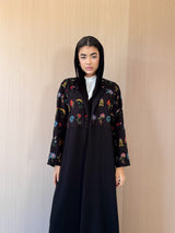 Round Neck Black Abaya - Mixed Colour Emb. Square Texture