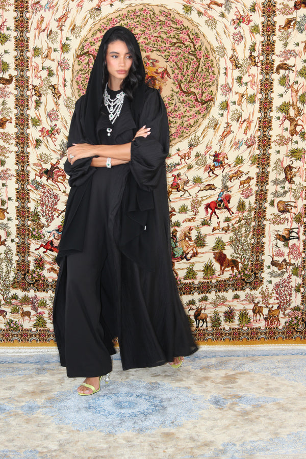 Black V-neck Abaya in Glitter organza