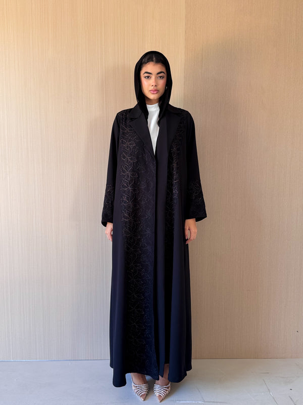 V Neck Black Abaya - Copper Colour Border Lace
