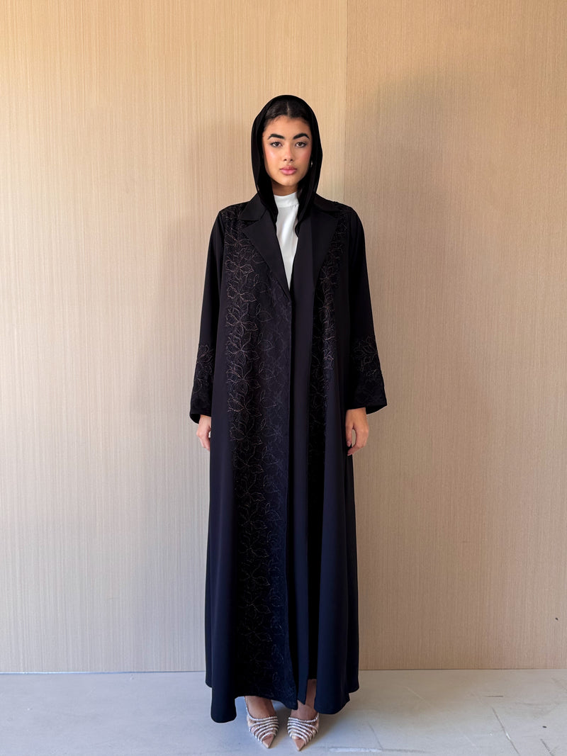 V Neck Black Abaya - Copper Colour Border Lace