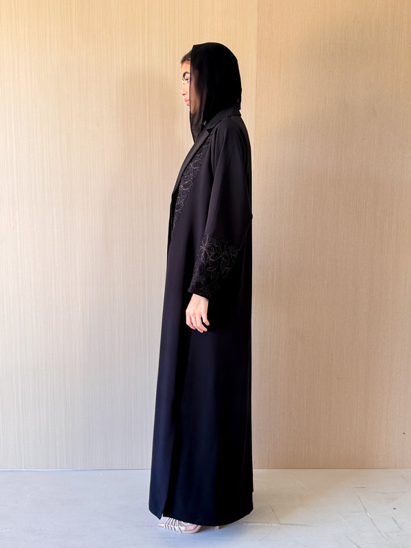 V Neck Black Abaya - Copper Colour Border Lace