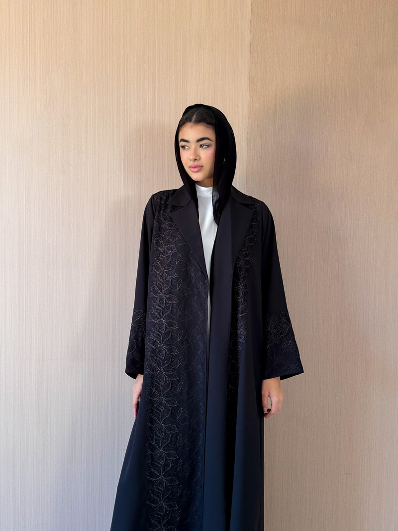 V Neck Black Abaya - Copper Colour Border Lace