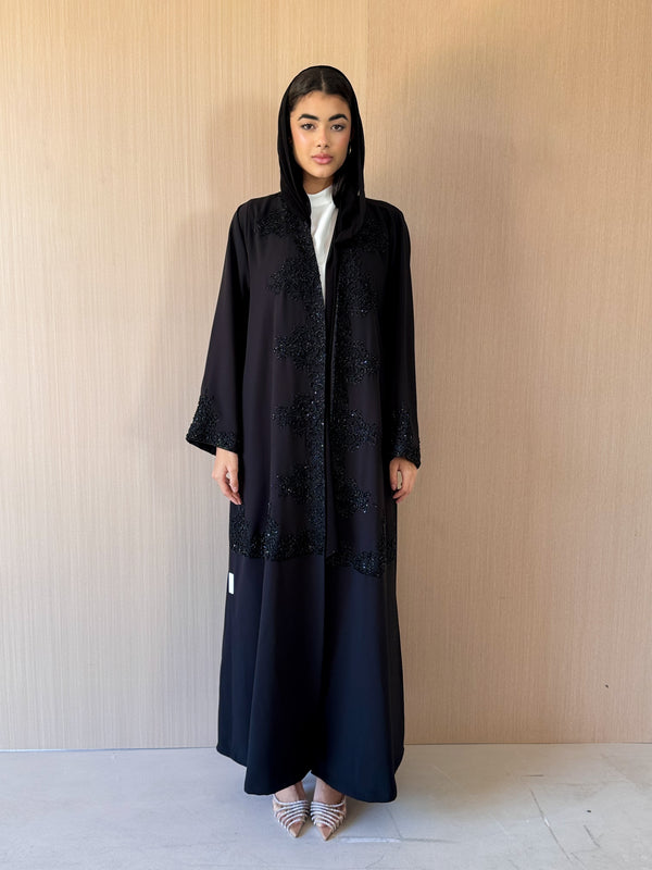 V Neck Black Abaya - Black Patch Bead Lace