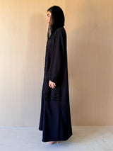V Neck Black Abaya - Black Patch Bead Lace