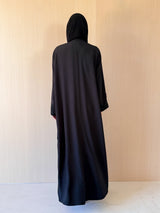 V Neck Black Abaya - Black Patch Bead Lace
