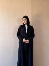 V Neck Black Abaya - Black Patch Bead Lace