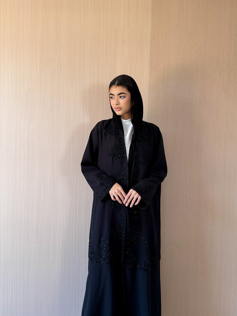 V Neck Black Abaya - Black Patch Bead Lace