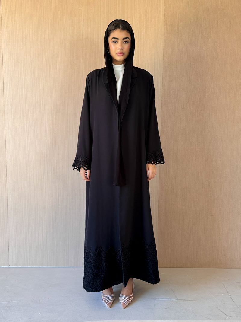 Zainah Circle Black Abaya - Black Coded Lace