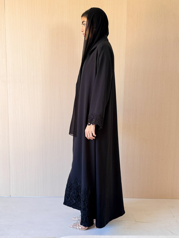 Zainah Circle Black Abaya - Black Coded Lace