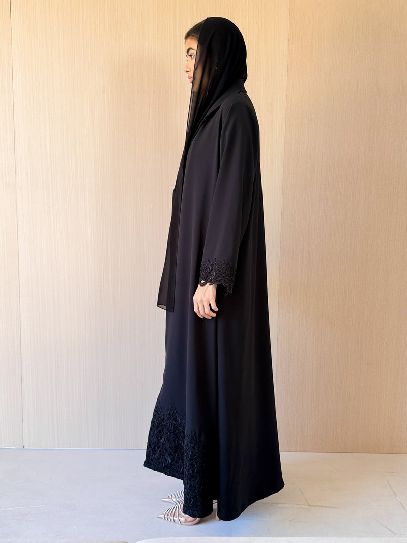 Zainah Circle Black Abaya - Black Coded Lace