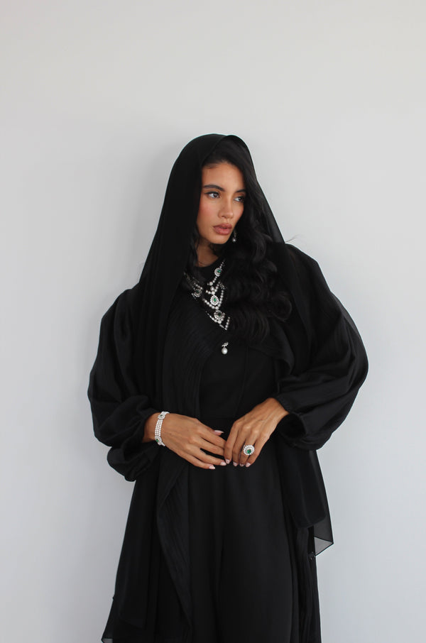 Black V-neck Abaya in Glitter organza