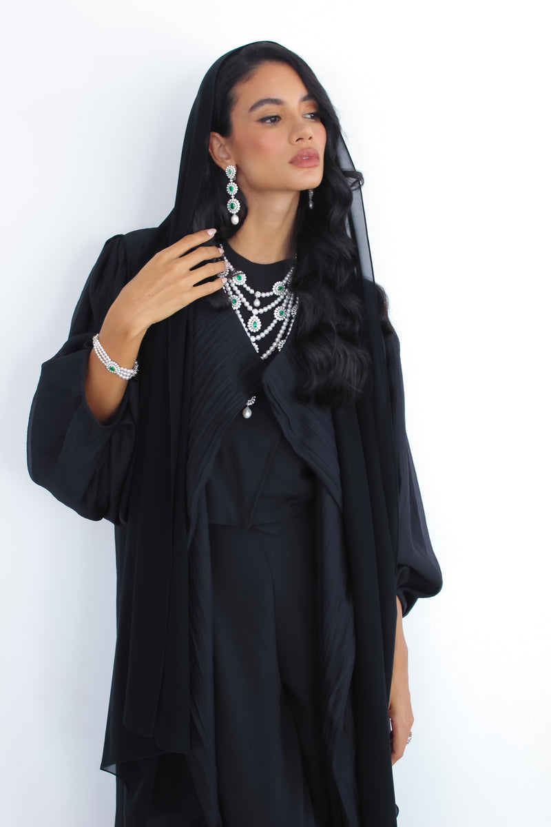 Black V-neck Abaya in Glitter organza